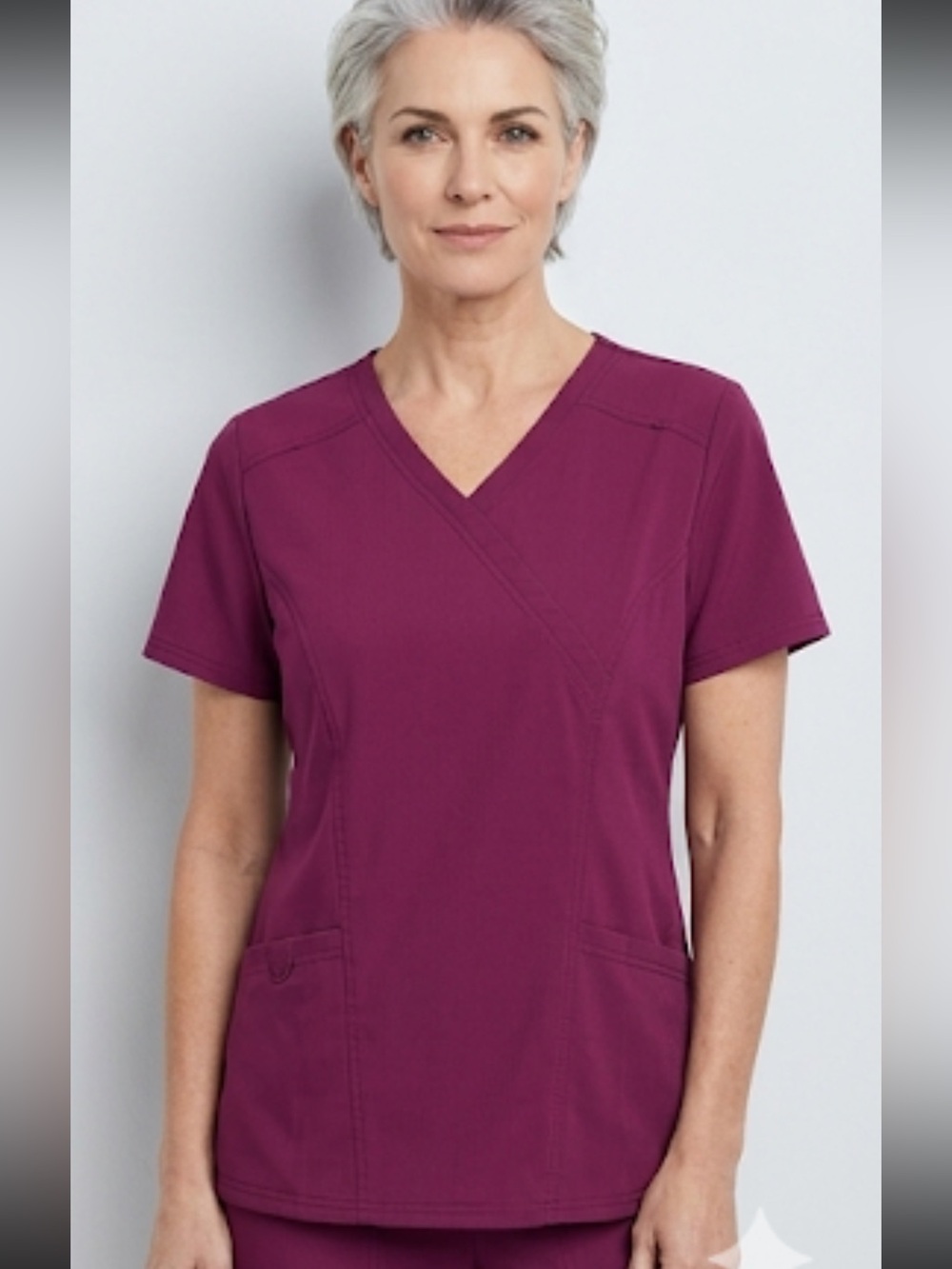Elle Women's V-Neck scrub Top in Berry Plum